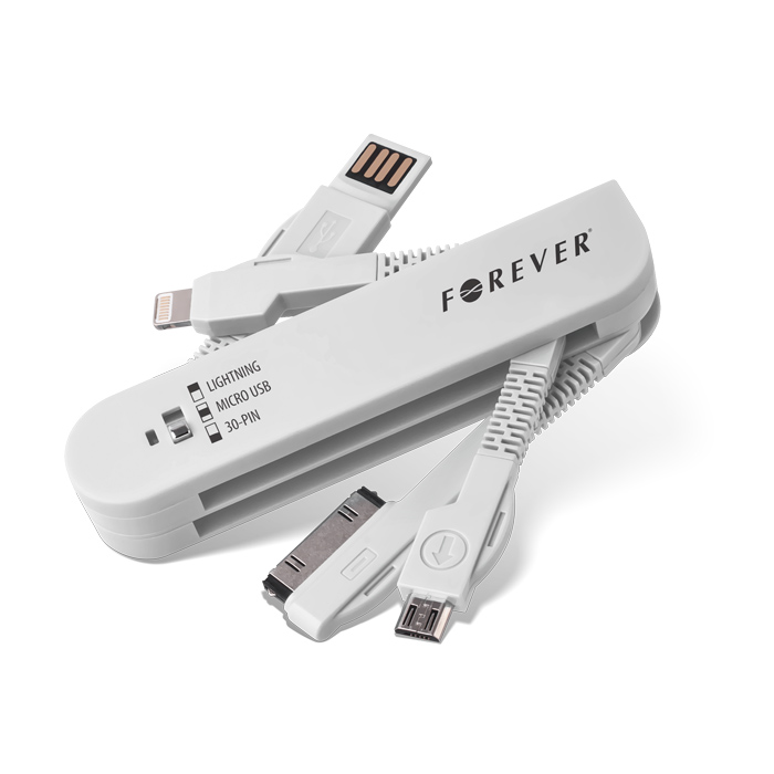 Datový kabel 3v1 Apple iPhone 4 / 4S / 5 / 5S / 6 / micro USB bílý IOS 8 30Pin + svítilna