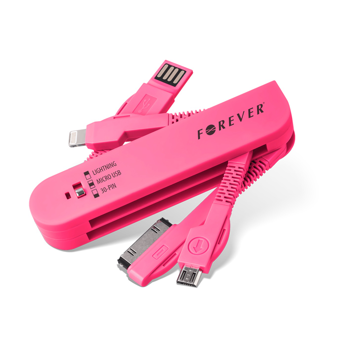 Datový kabel 3v1 Apple iPhone 4 / 4S / 5 / 5S / 6 / micro USB růžový IOS 8 30Pin +svítilna