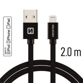 Datový kabel SWISSTEN Textile Apple iPhone 5 / 6 / 7 / 8 / X Lightning MFi 2,0m černý