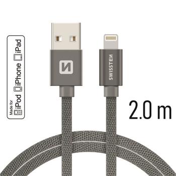 Datový kabel SWISSTEN Textile Apple iPhone 5 / 6 / 7 / 8 / X Lightning MFi 2,0m šedý
