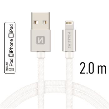 Datový kabel SWISSTEN Textile Apple iPhone 5 / 6 / 7 / 8 / X Lightning MFi 2,0m stříbrný