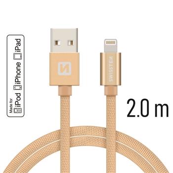 Datový kabel SWISSTEN Textile Apple iPhone 5 / 6 / 7 / 8 / X Lightning MFi 2,0m zlatý