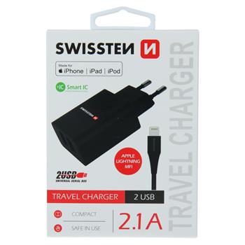 Nabíječka SWISSTEN Smart IC 2XUSB 2,1A Power + datový kabel USB/Lightning MFi 1,2m černá