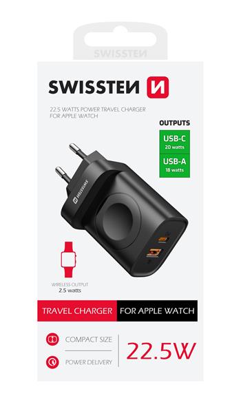 Nabíječka SWISSTEN 1xUSB-A, 1xUSB-C + Apple Watch adaptér