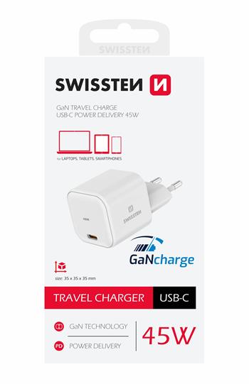 Nabíječka SWISSTEN GaN 1xUSB-C 45W Power Delivery adaptér bílý